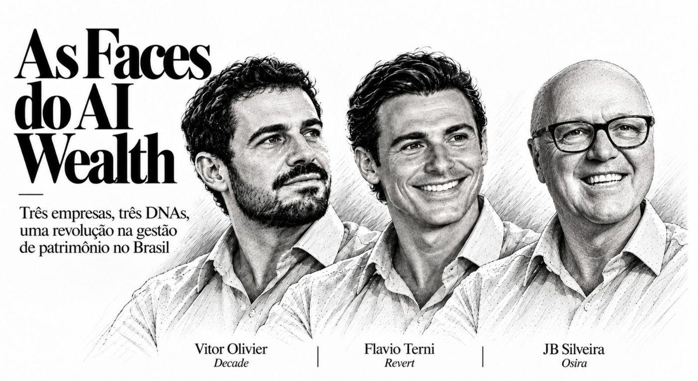 Ilustração de Vitor Olivier, Flavio Terni e JB Silveira, com o título As Faces do AI Wealth