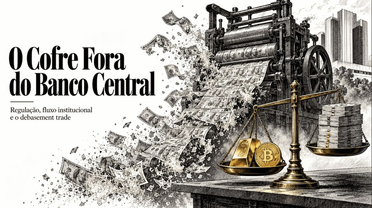 Ilustração de uma impressora de dinheiro ao lado de uma balança com ouro e bitcoin