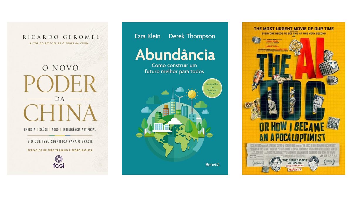 Capas dos livros O Novo Poder da China e Abundância e do cartaz do documentário The AI Doc